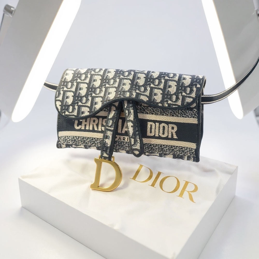 CHRISTIAN DIOR Oblique Trotter Bum Waist Bag Canvas Leather Navy Blue